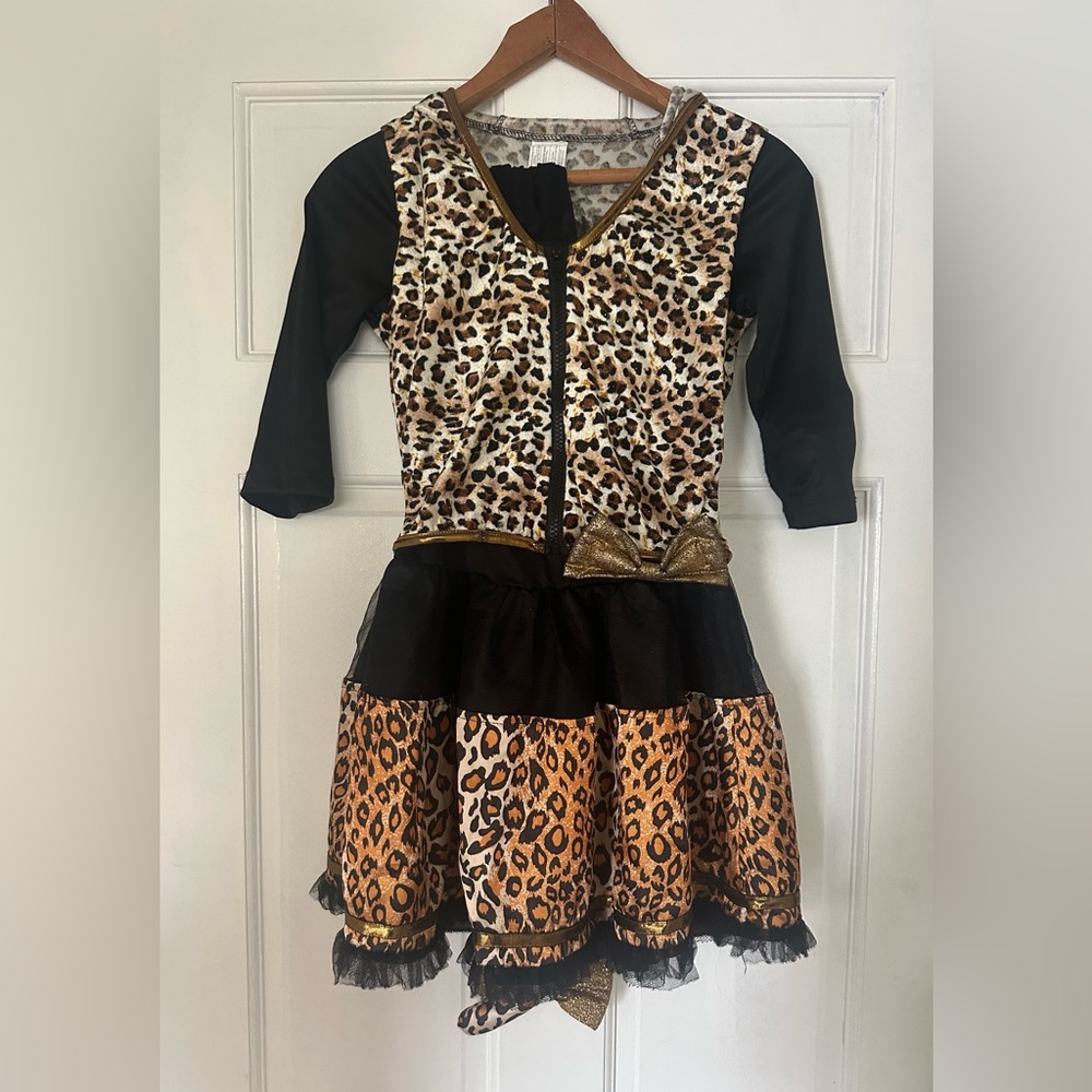 Leopard Costume with Leggings, Tail and Hood Black and Gold Halloween Kids Sz 12